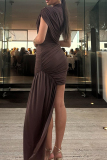 Dark Brown Sexy Ruched Half A Turtleneck Sleeveless Ribbon Hem Bodycorn Party Club Evening Wrapped Skirt Mini Dresses