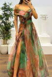 Red Mesh Gradient Print Off Shoulder Short Sleeve Feathers Trim Waisted Slit A-line Party Evening Formal Maxi Dresses