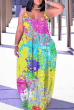 Dark Yellow Abstract Print Sleeveless Backless Spaghetti Strap Casual Vacation Loose Long Maxi Slip Dresses