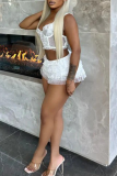 White Lace Spaghetti Strap Sleeveless Cami Tops and Mini Tiered Shorts Party Clubwear Two Pieces Sets
