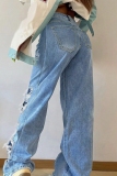 Light Blue Casual Solid Ripped Mid Waist Straight Denim Jeans