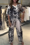 White Black Plant Printed Contrast V Neck Short Batwing Sleeve Tops amd Straight Leg Pants Vacation Two Piece Trouser Sets