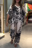 White Black Plant Printed Contrast V Neck Short Batwing Sleeve Tops amd Straight Leg Pants Vacation Two Piece Trouser Sets