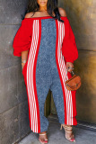 Blue Contrast Striped Print Off Shoulder Long Lantern Sleeve Loose Overall Jumpsuits