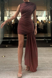 Dark Brown Sexy Ruched Half A Turtleneck Sleeveless Ribbon Hem Bodycorn Party Club Evening Wrapped Skirt Mini Dresses