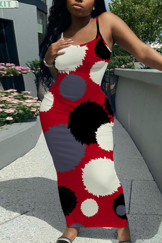 Red Sexy Casual Abstract Colorblock Print Backless Spaghetti Strap Bodycon Long Maxi Slip Dresses