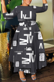Black White Swan Print Round Neck 3/4 Sleeve Belted Waisted A-line Long Maxi Dresses