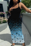 Black Red Sexy Casual Abstract Print Backless Spaghetti Strap Bodycon Long Maxi Slip Dresses