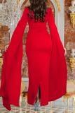 Red Hot Drill Square Neck Cape Sleeve Back-Slit Bodycorn Formal Evening Party Maxi Dresses