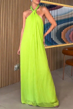 Greenish Yellow Chiffon Sexy Solid Beaded Halter Backless Loose Straight Vacation Long Maxi Dresses