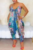 Blue Sexy Casual Abstract Print V Neck Backless Spaghetti Strap Harem Vacation Slip Jumpsuits