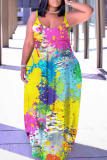 Dark Yellow Abstract Print Sleeveless Backless Spaghetti Strap Casual Vacation Loose Long Maxi Slip Dresses