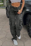 Dark Grey Casual Solid Pocket Mid Waist Straight Cargo Denim Jeans