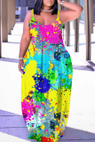 Dark Yellow Abstract Print Sleeveless Backless Spaghetti Strap Casual Vacation Loose Long Maxi Slip Dresses