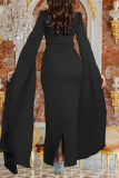 Red Hot Drill Square Neck Cape Sleeve Back-Slit Bodycorn Formal Evening Party Maxi Dresses