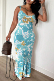 Blue Floral Print Sleeveless Backless Spaghetti Strap Fitted Casual Vacation Long Maxi Slip Dresses
