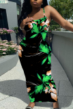 Green Sexy Casual Floral Print Backless Spaghetti Strap Bodycon Long Maxi Slip Dresses