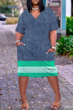 Blue Stripe Print V Neck Short Sleeve Short Sleeve Pocket Casual Loose Midi T-shirt Dress