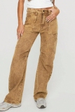 Brown Y2K Casual Solid Pocket Mid Waist Straight Cargo Denim Jeans