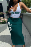 White Green Casual Sexy Letters Print V Neck Sleeveless Vest and Long Wrapped Skirt Bodycorn Two Piece Dress Sets