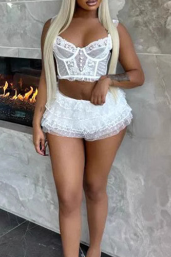 White Lace Spaghetti Strap Sleeveless Cami Tops and Mini Tiered Shorts Party Clubwear Two Pieces Sets