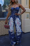 Blue Splashed ink Print Sleeveless Strapless Backles Button-down Flared Leg Denim Tube Jumpsuits