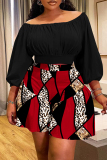 Black Off Shoulder 3/4 Lantern Sleeve Ruched Tops and A-line Shorts Vacation Plus Size Two Pieces Short Sets