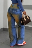 Blue Y2K Casual Solid Ripped Mid Waist Straight Denim Jeans