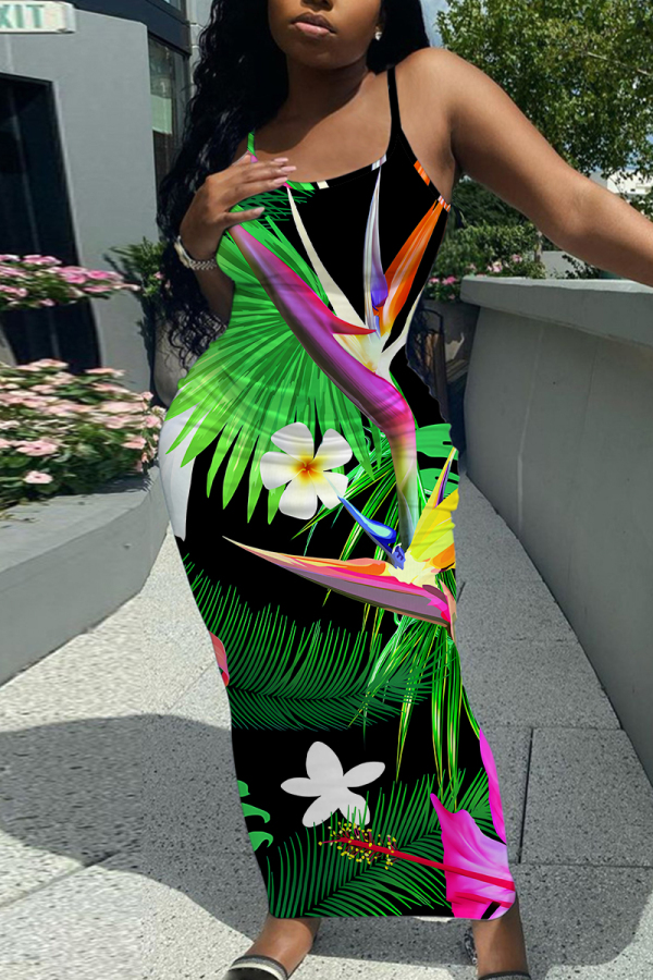 Green Sexy Casual Floral Print Backless Spaghetti Strap Bodycon Long Maxi Slip Dresses