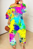 Dark Yellow Abstract Print Off Shoulder Long Lantern Sleeve Loose Overall Jumpsuits