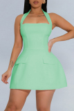 Rose Red Sleeveless Backless High Waisted A-line Halter Party Club Mini Dresses