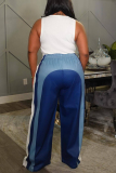 Green Casual Sportwear Contrast Stripe Patchwork Drawstring High Waist Straight Pants Trousers
