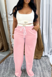 Black Casual Sportwear Letters Pocket Square Neck Sleeveless Vest and Drawstring Straight Pants Two Piece Trouser Sets
