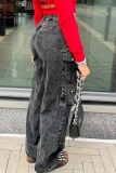 Dark Grey Casual Solid Pocket Mid Waist Straight Cargo Denim Jeans