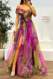 Red Mesh Gradient Print Off Shoulder Short Sleeve Feathers Trim Waisted Slit A-line Party Evening Formal Maxi Dresses