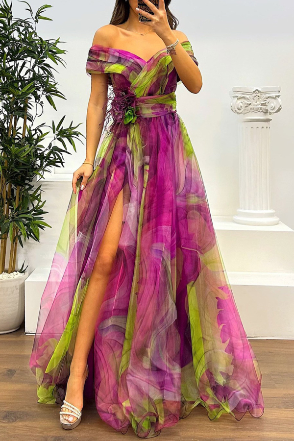 Red Mesh Gradient Print Off Shoulder Short Sleeve Feathers Trim Waisted Slit A-line Party Evening Formal Maxi Dresses
