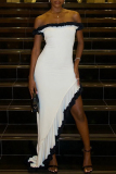 White Off Shoulder Backless Ruffle Hem High Low Hem Bodycon Party Club Evening Maxi Dresses