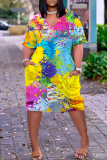 Dark Yellow Casual Abstract Print Pocket V Neck Short Sleeve Short Sleeve Loose Midi T-shirt Dress