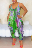Blue Sexy Casual Abstract Print V Neck Backless Spaghetti Strap Harem Vacation Slip Jumpsuits