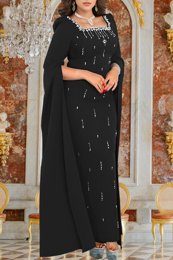 Red Hot Drill Square Neck Cape Sleeve Back-Slit Bodycorn Formal Evening Party Maxi Dresses