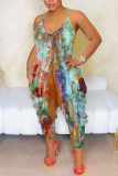 Blue Sexy Casual Abstract Print V Neck Backless Spaghetti Strap Harem Vacation Slip Jumpsuits
