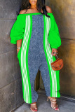 Blue Contrast Striped Print Off Shoulder Long Lantern Sleeve Loose Overall Jumpsuits