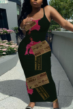 Green Sexy Casual Floral Print Backless Spaghetti Strap Bodycon Long Maxi Slip Dresses