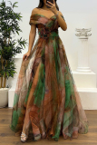 Red Mesh Gradient Print Off Shoulder Short Sleeve Feathers Trim Waisted Slit A-line Party Evening Formal Maxi Dresses