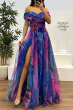 Red Mesh Gradient Print Off Shoulder Short Sleeve Feathers Trim Waisted Slit A-line Party Evening Formal Maxi Dresses