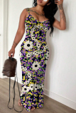 Blue Floral Print Sleeveless Backless Spaghetti Strap Fitted Casual Vacation Long Maxi Slip Dresses