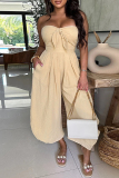 Apricot Sleeveless Backless Strapless Tie-front Wide Leg Casual Vacation Tube Jumpsuits