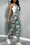Baby Blue Casual Camouflage Print Patchwork Spaghetti Strap Sleeveless Belted Bodycorn Overall Denim Jumpsuits