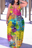 Dark Yellow Abstract Print Sleeveless Backless Spaghetti Strap Casual Vacation Loose Long Maxi Slip Dresses