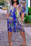 Blue Casual Abstract Print Pocket V Neck Short Sleeve Short Sleeve Loose Midi T-shirt Dress
